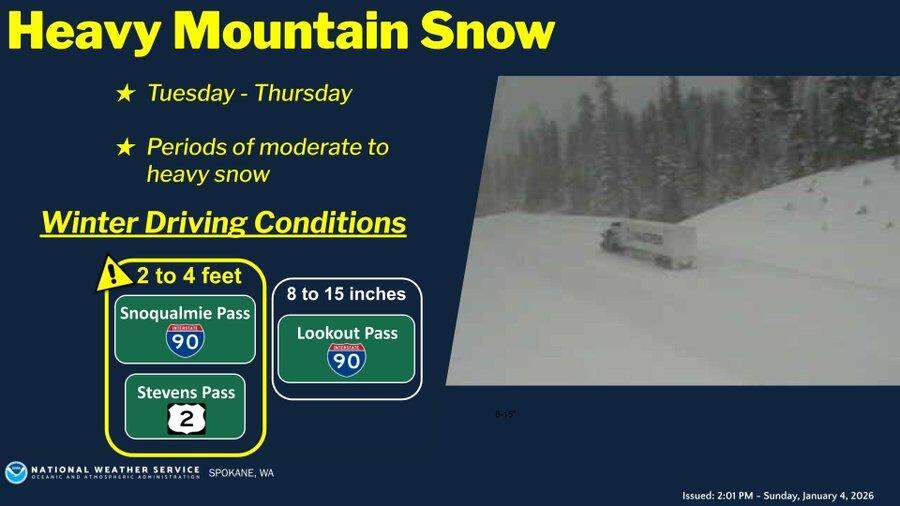 Winter weather warning for Snoqualmie Pass. Eastbound lanes closed