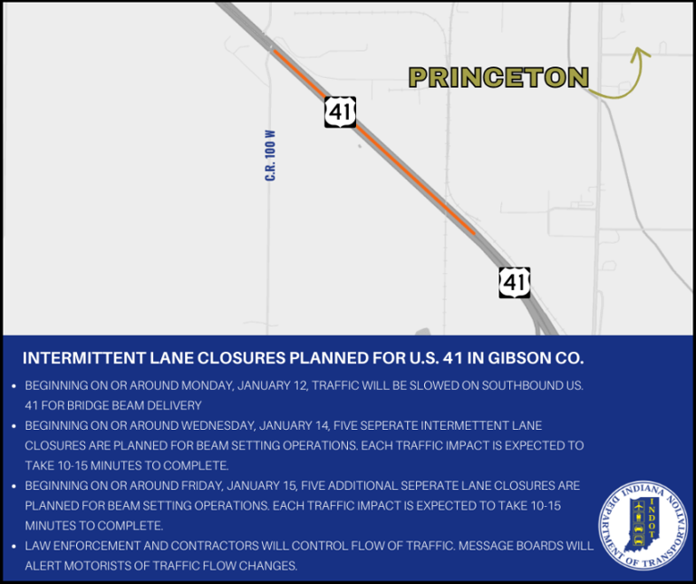 Intermittent lane closures planned for US 41 in Gibson County