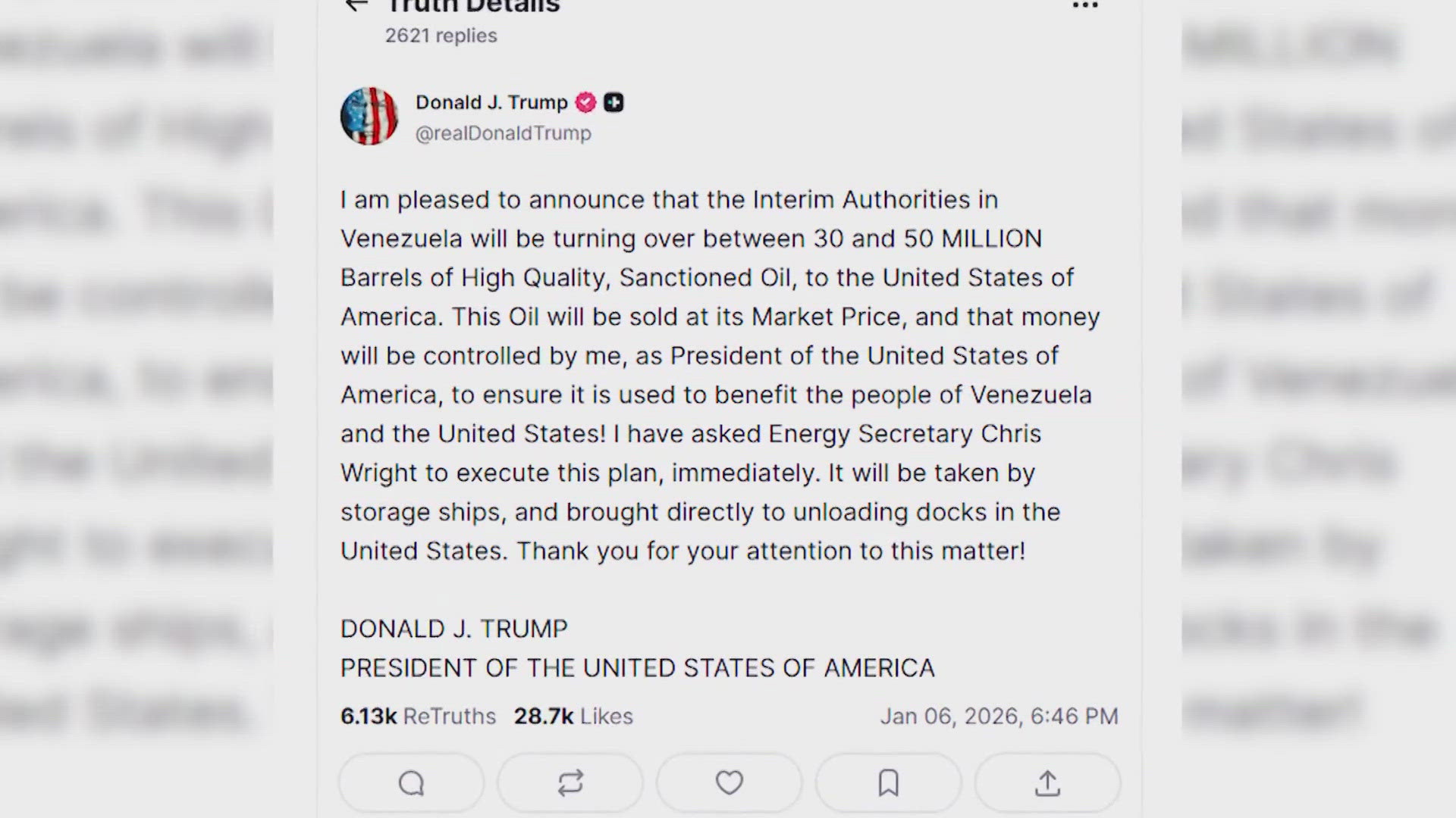 Trump says US to get 30 million to 50 million barrels of oil from ...