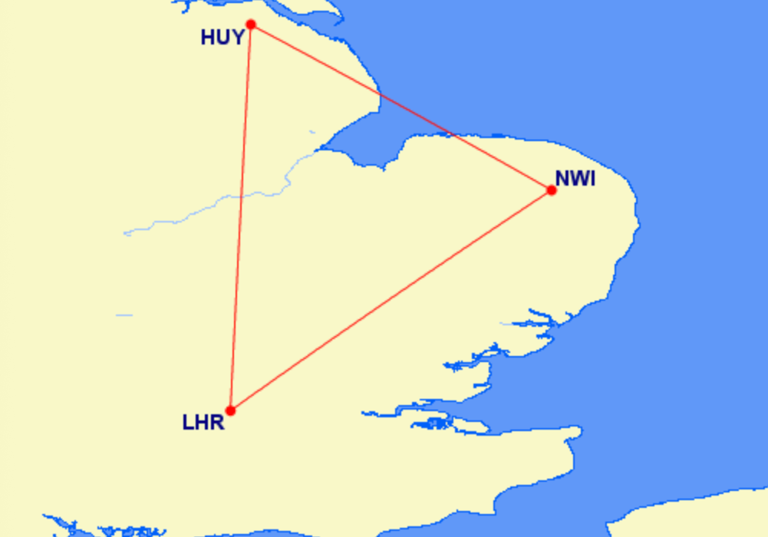Eastern triangle: Flight route from London Heathrow (LHR) to Norwich (NWI) to Humberside (HUY) (Great Circle Mapper)