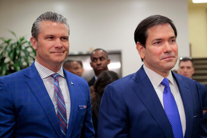 Marco Rubio e Pete Hegseth detalharam os planos para a Venezuela em reunião com congressistas americanos Foto: HEATHER DIEHL/ Getty Images via AFP