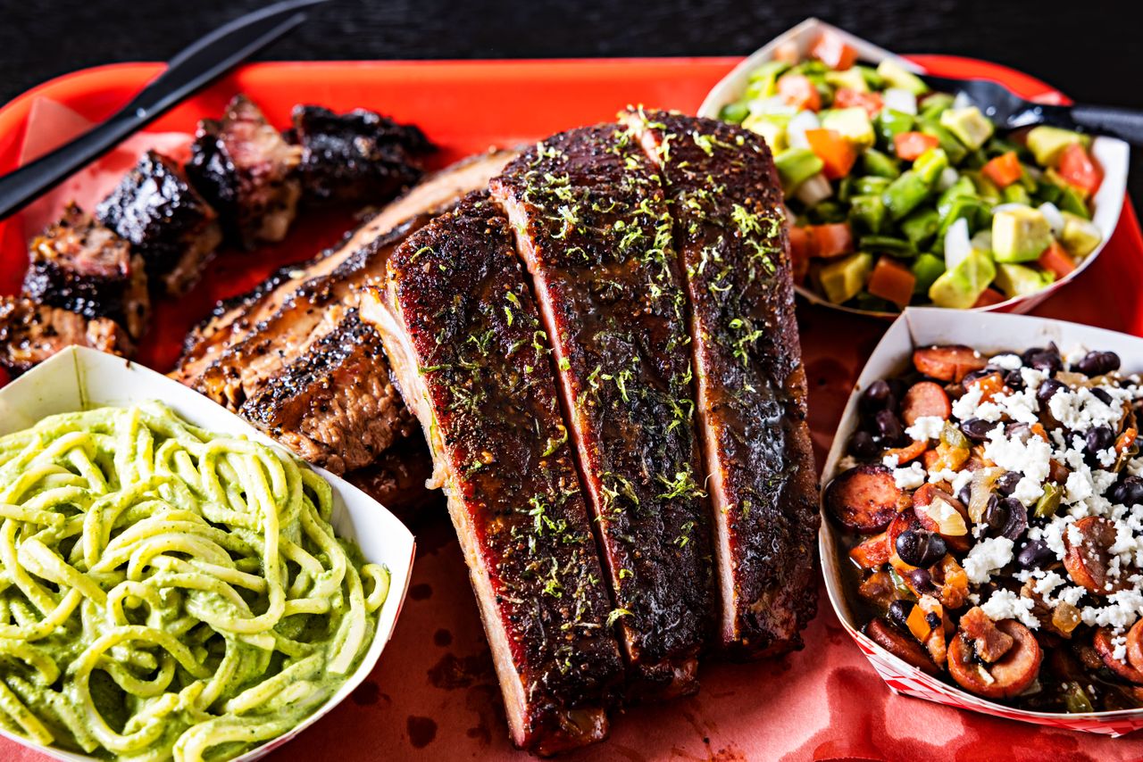 Tray of BBQ and Mexican-inspired sides