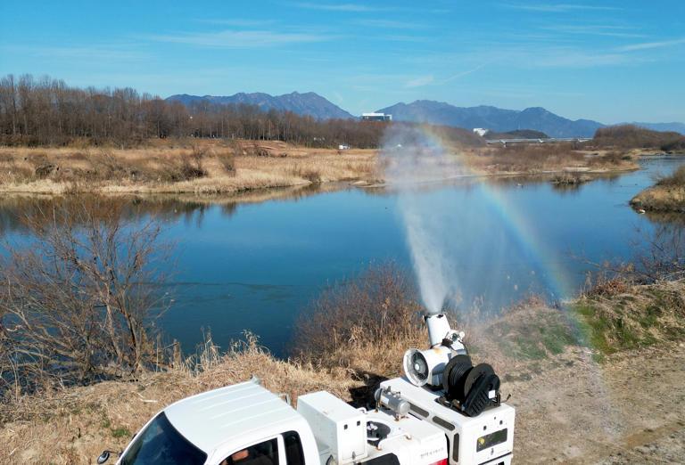 6-го числа сотрудники Министерства сельского хозяйства, продовольствия и сельских дел проводят дезинфекцию для предотвращения вспышки высокопатогенного птичьего гриппа (ИИ) в районе реки Ёнсан, Синён-дон, Бук-гу, Кванджу. /Ким Ён-гын