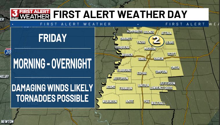 Severe storms possible Friday as cold front sweeps through central MS