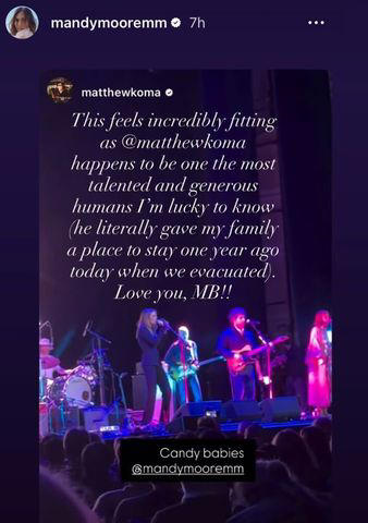 Mandy Moore/Matthew Koma/Instagram Mandy Moore reshares Matthew Koma's Instagram Stories post in January 2026