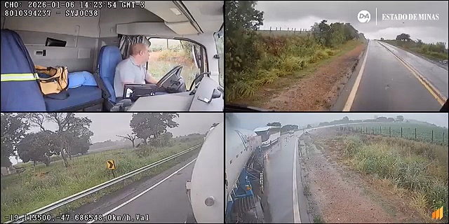 Câmera de caminhão registra colisão de carro em estrada