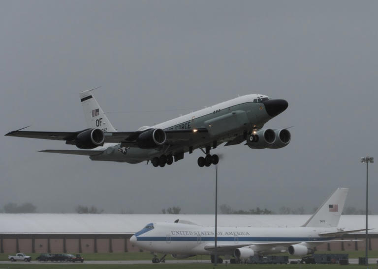 A United States RC-135S Cobra Ball aircraft takes off from Offutt Air Force Base in Nebraska on May 8, 2019.