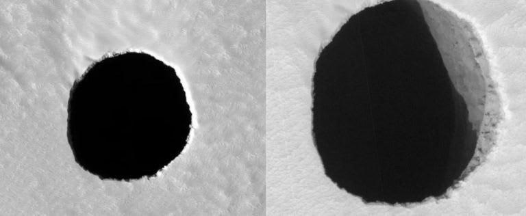 Two images of the pit in Arsia Mons. The one on the left was taken a couple of years ago. The one on the right is more recent and shows a side wall, which may mean the hole is not an entrance to a lava tube or cave. (NASA/JPL/University of Arizona)