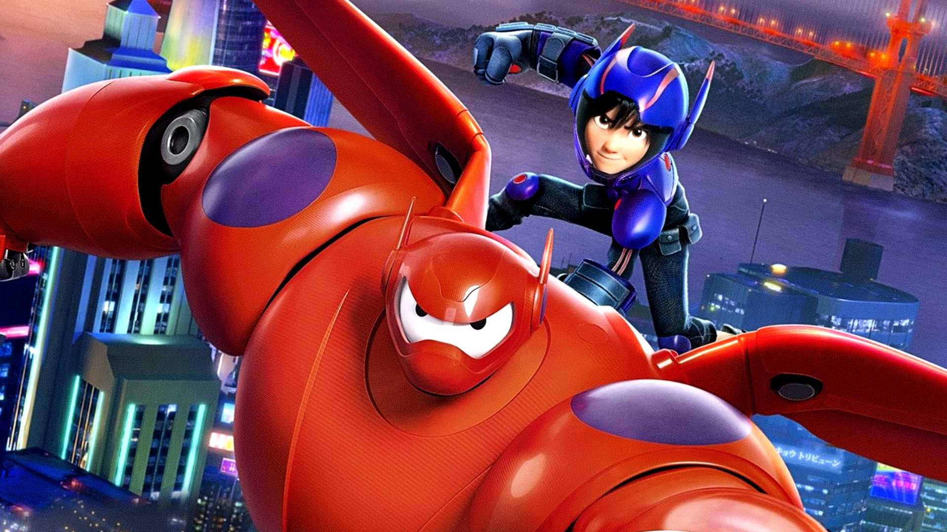 Hiro makes a superhero pose on top of Baymax flying across San Fransokyoin Big Hero 6