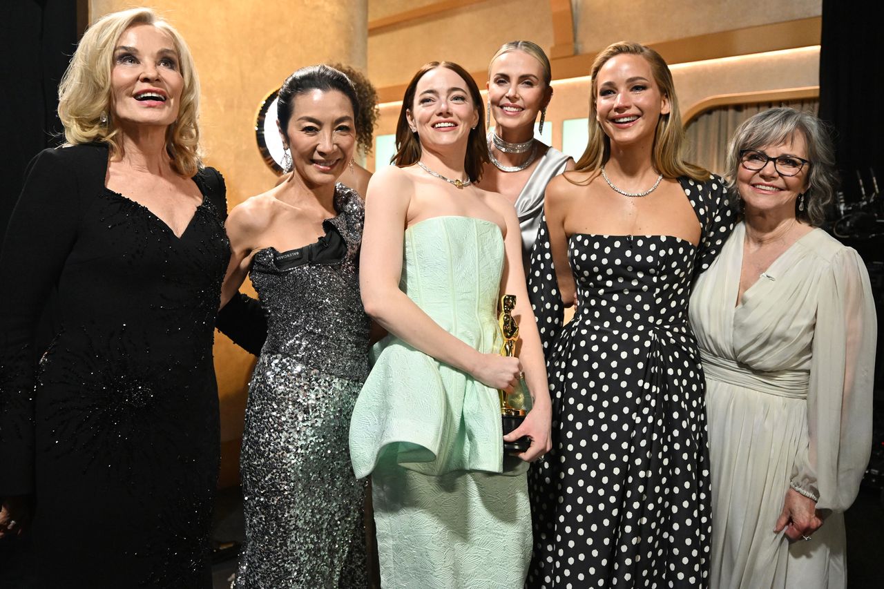 Richard Harbaugh/A.M.P.A.S. via Getty (Left-right:) Jessica Lange, Michelle Yeoh, Emma Stone, Charlize Theron, Jennifer Lawrence and Sally Field at the 96th Academy Awards in 2024
