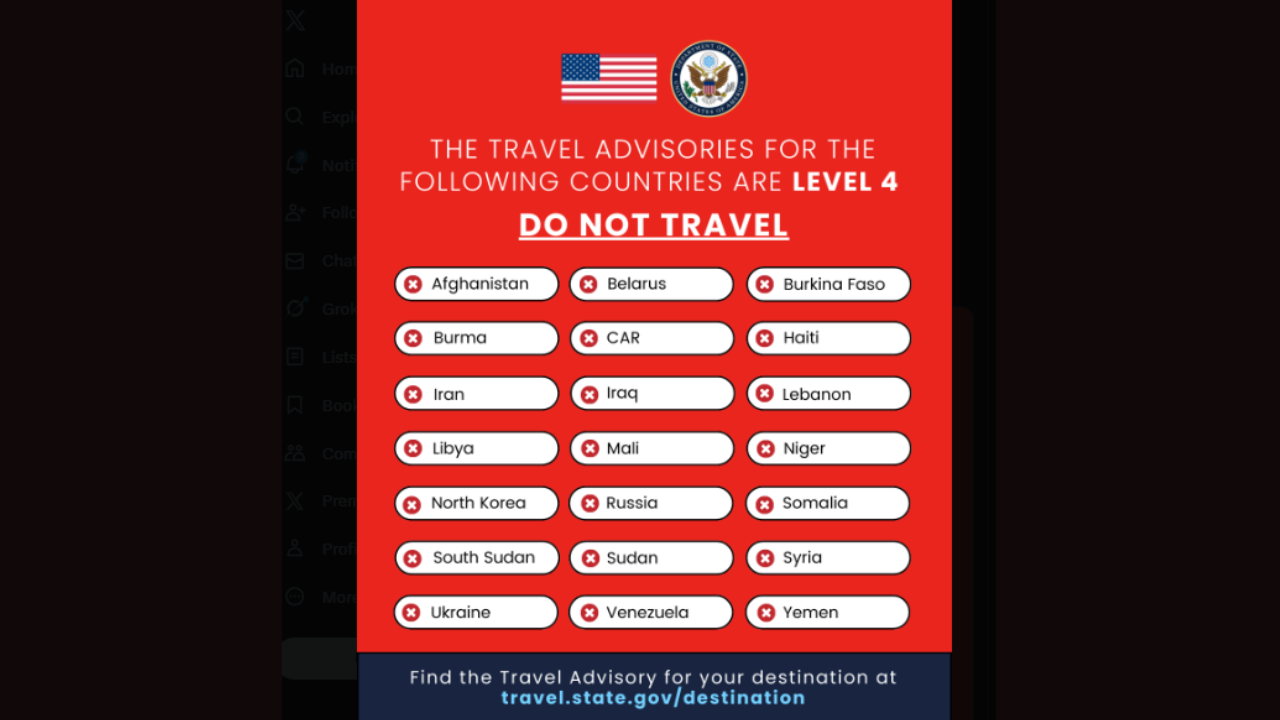 US issues highest 'Level 4 - Do not travel' warning for over 20 ...