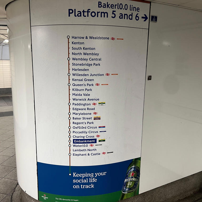 "Waterl0.0" and "Oxf0.0rd Street" are among the other brandings included within the signage