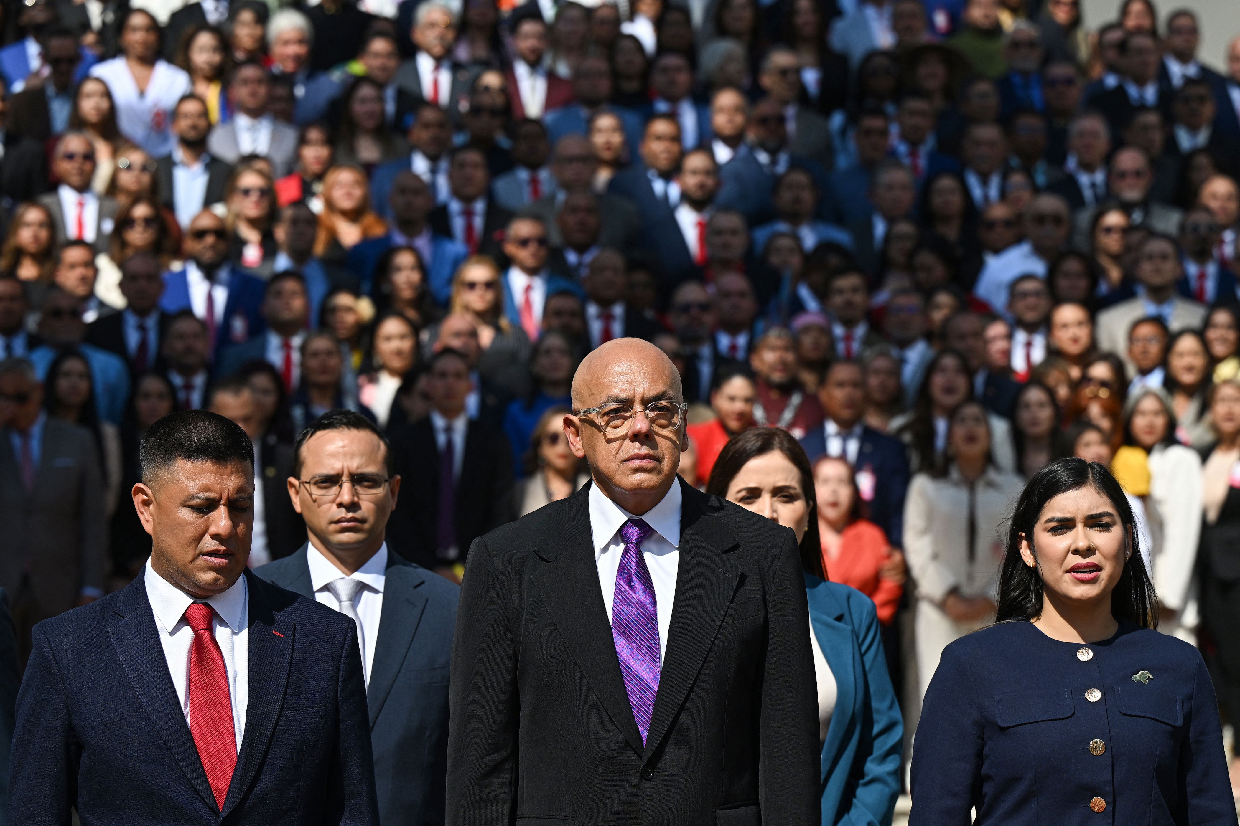 From left, Pedro Infante, Jorge Rodríguez and Grecia Colmenares — leaders of the Venezuelan National Assembly — on Monday, when Delcy Rodríguez was sworn in as interim president.