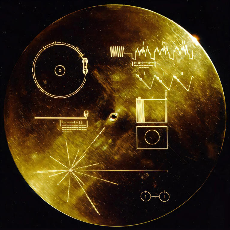 This gold-aluminum cover was designed to protect the Voyager 1 and 2 'Sounds of Earth' gold-plated records from micrometeorite bombardment, but also served a second purpose in providing the finder with a key to playing the record using binary arithmetic and numbers, as well as schematics to explain the process. Credit: NASA/JPL