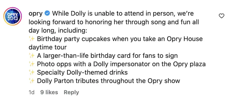 Dolly Parton can't attend her Opry birthday show, sends special message