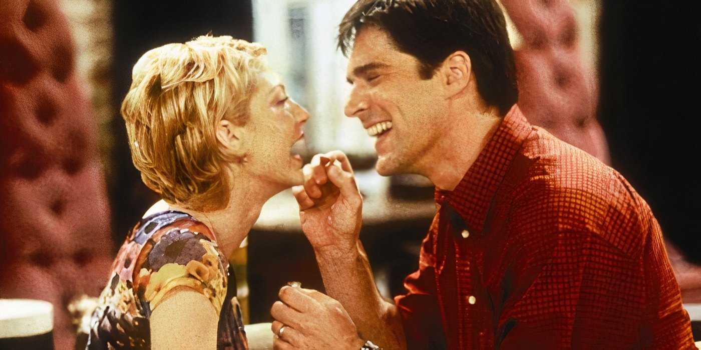 Jenna Elfman as Dharma Montgomery and Thomas Gibson as Greg Montgomery smiling and laughing together in Dharma & Greg.