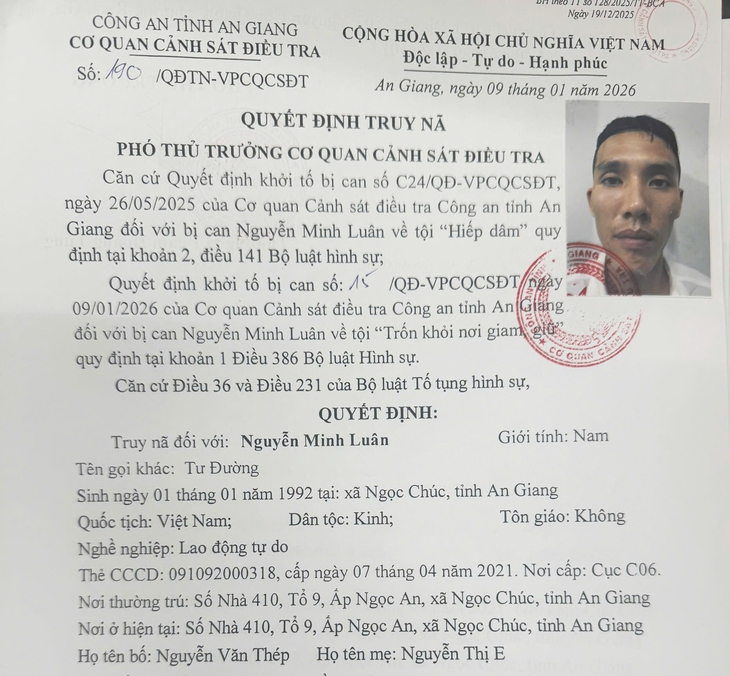 An Giang: Truy nã 4 nghi phạm trốn khỏi trại tạm giam