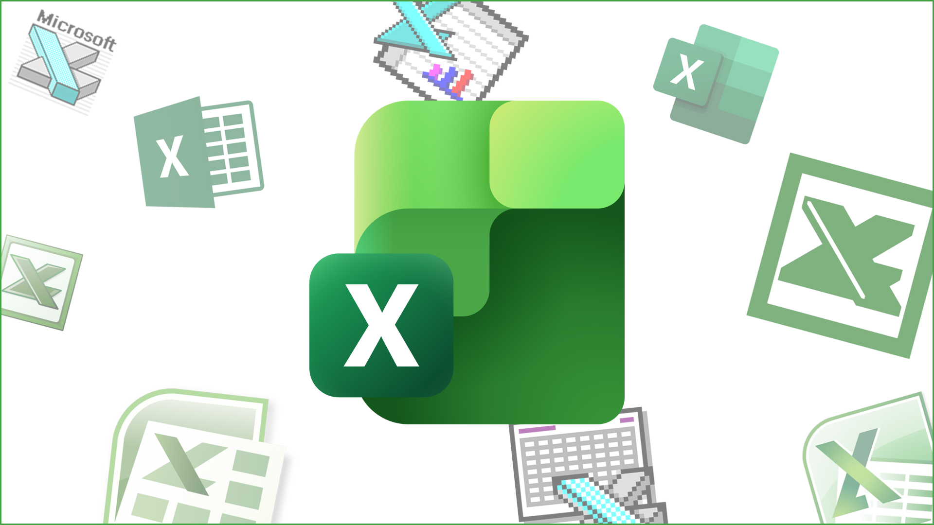 A series of historical Excel logos in the background, behind the 2025 iteration of the logo.