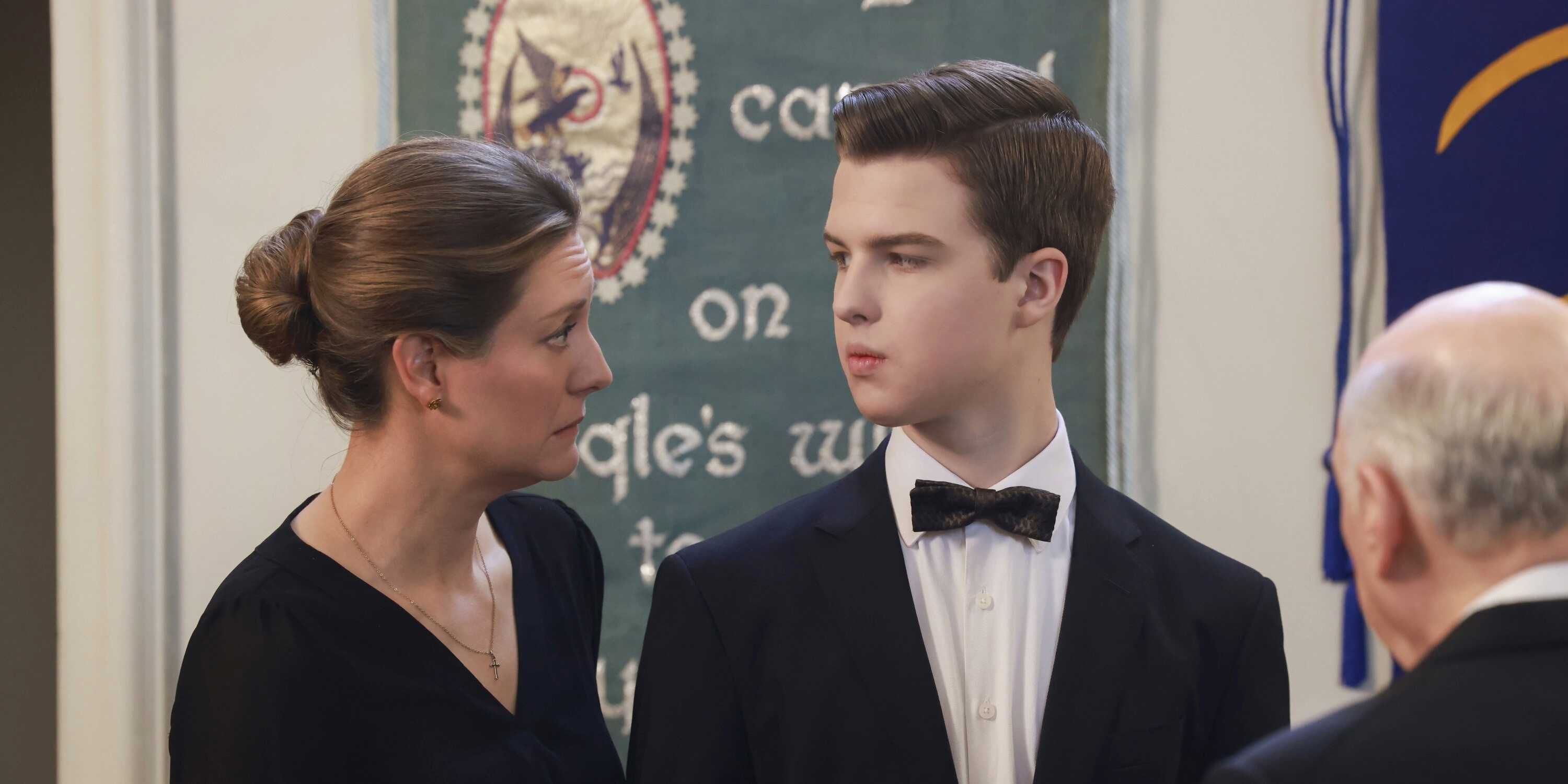 Sheldon and his mom making intense eye contact in Sheldon