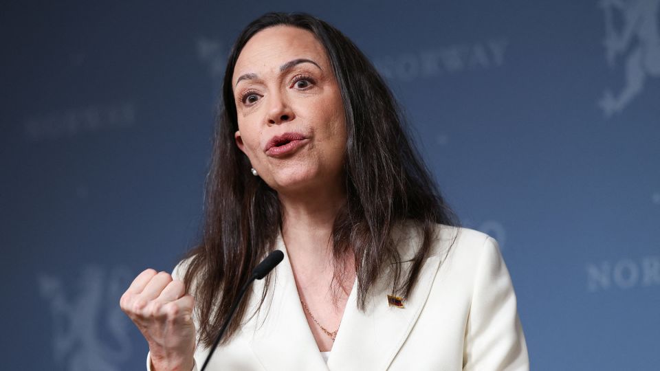 Nobel Peace Prize laureate and Venezuelan opposition leader Maria Corina Machado speaks during a press conference in Oslo, Norway, on December 11, 2025. - Leonhard Foeger/Reuters