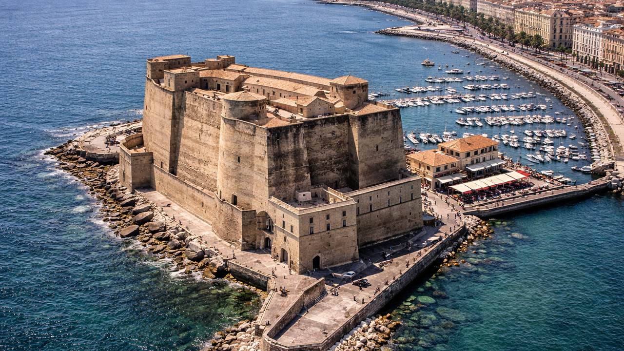 Castel dell'Ovo aerial view over Naples coast