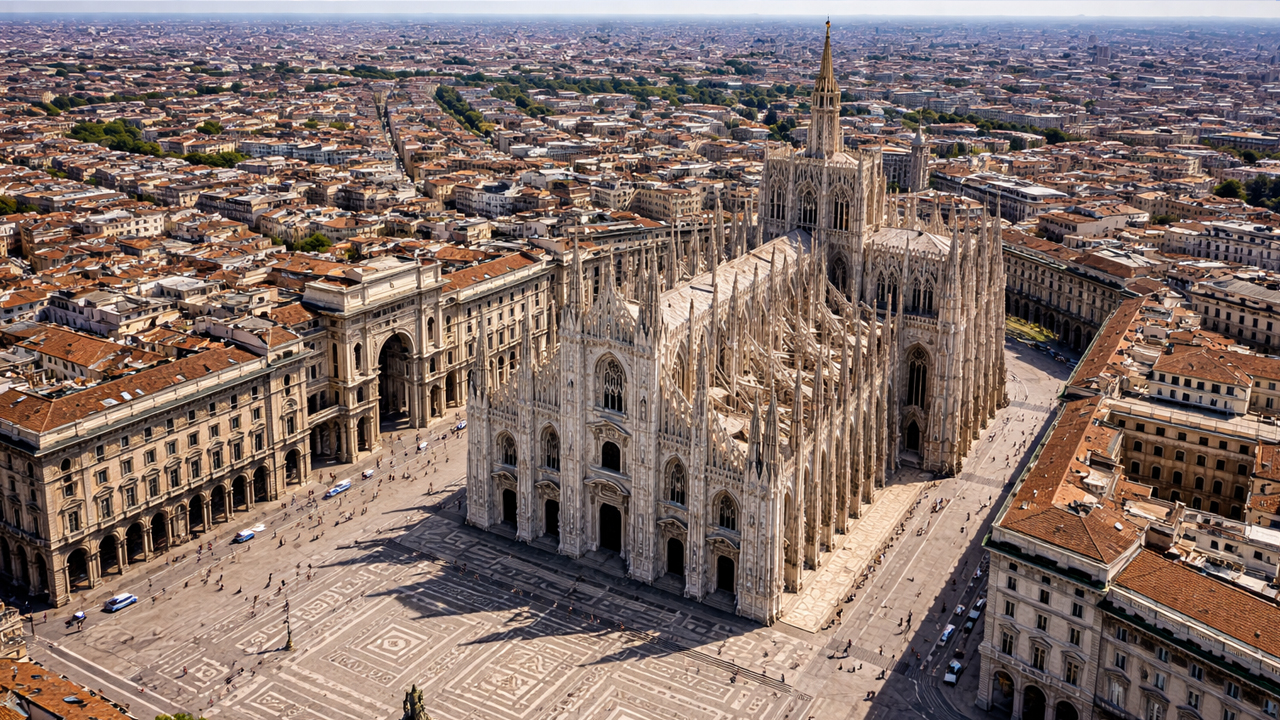 Duomo di Milano aerial view over city center