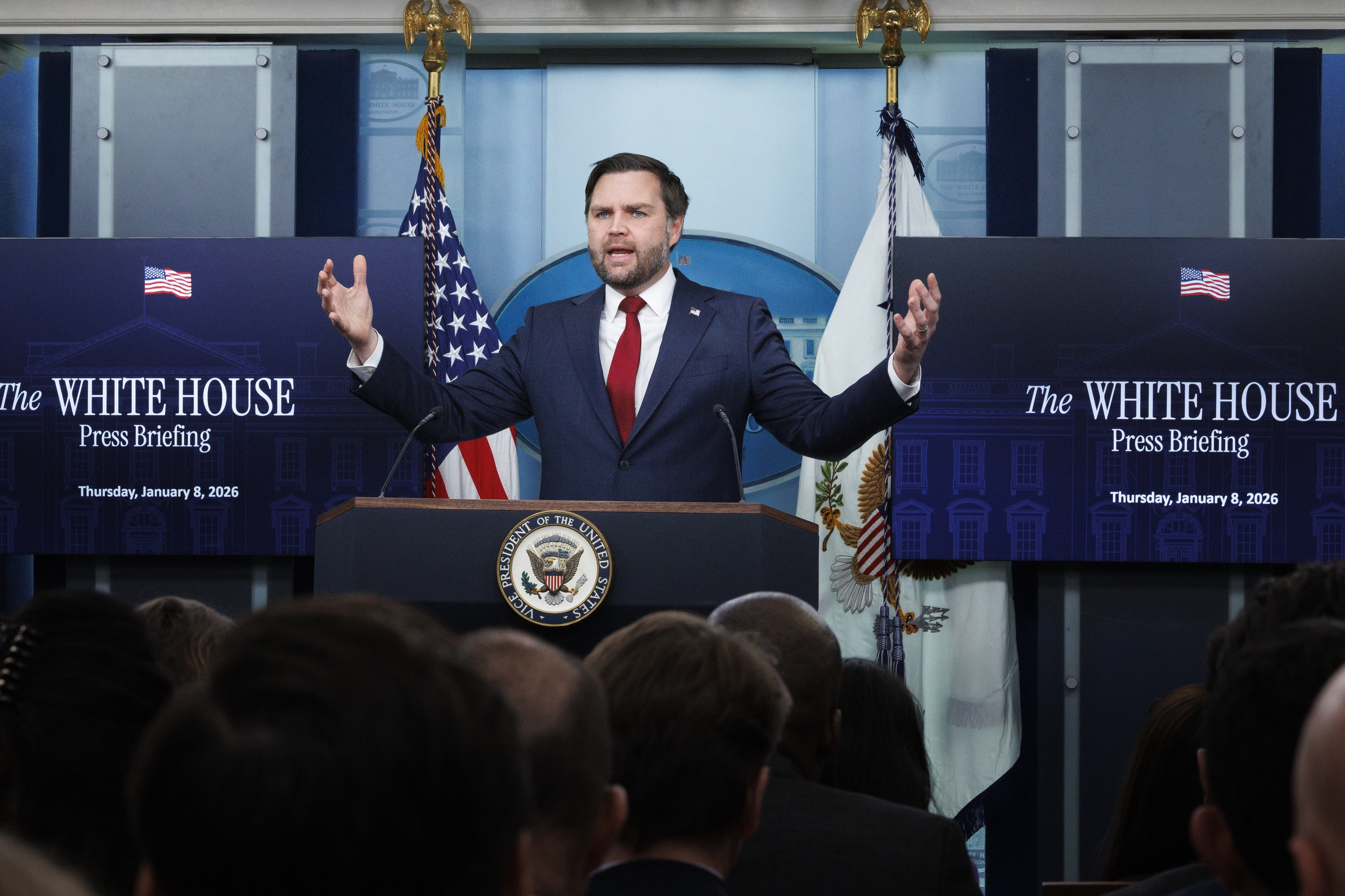 Vice President JD Vance speaks to reporters on Thursday at the White House.