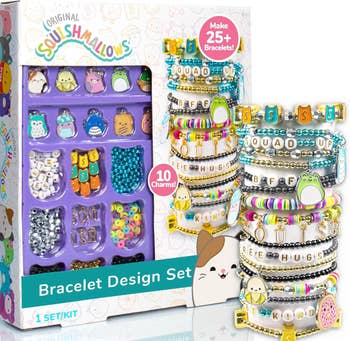 Bracelet design set featuring beads and charms, including animal shapes and letter blocks, with options to create over 25 colorful bracelets