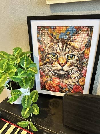 Framed tapestry of a cat with a colorful background displayed on a shelf next to a potted plant