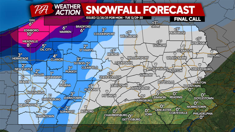 Lake effect snow squalls & high winds likely Monday into Tuesday in PA