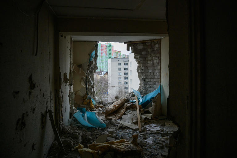 A drone-damaged room at the National Aviation University in Kyiv.
