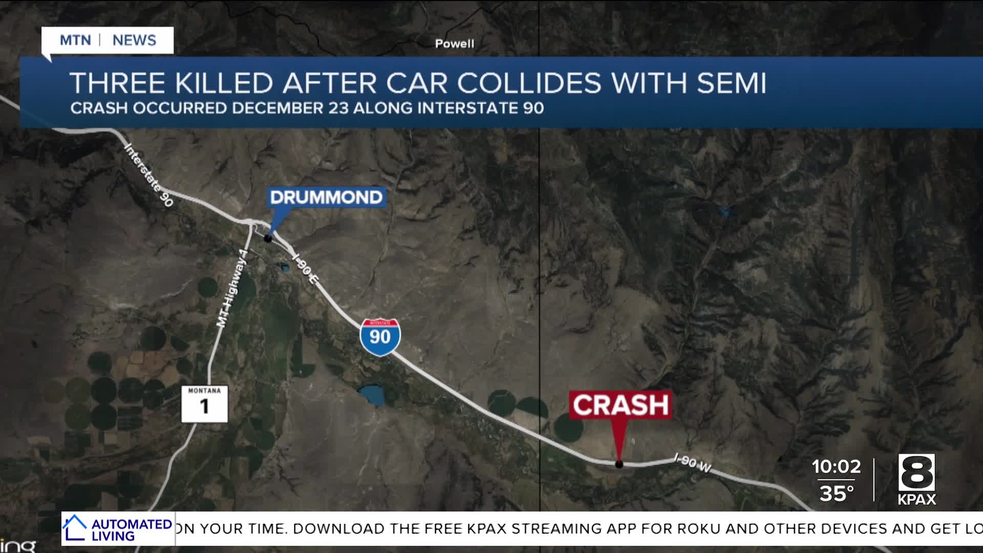 3 killed after car collides with semi-truck on Interstate 90 near Drummond