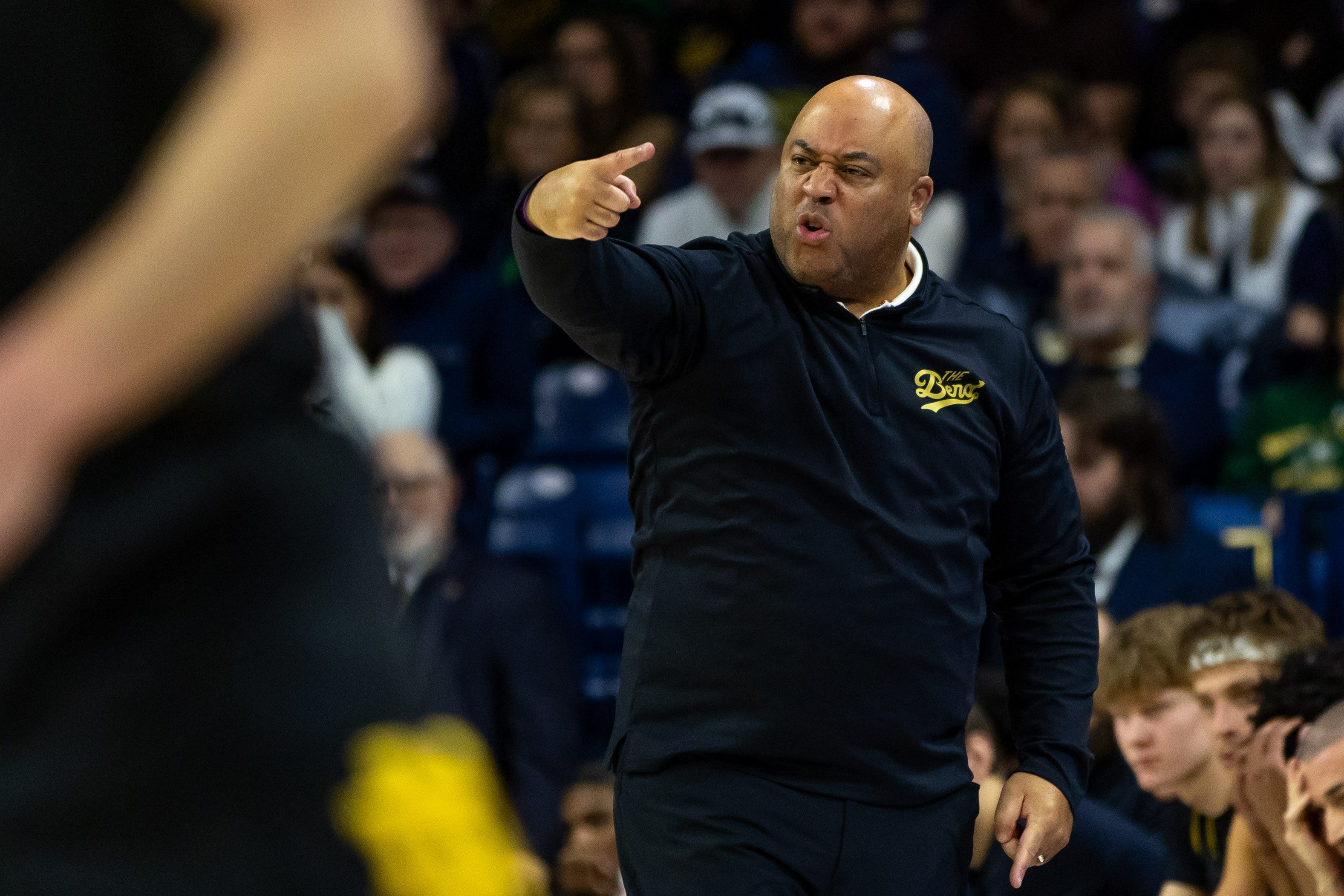 Dec 21, 2025; South Bend, Indiana, USA; Notre Dame Fighting Irish head coach Micah Shrewsberry calls a play against the Purdue Fort Wayne Mastodons during the first half at Purcell Pavilion at the Joyce Center. Mandatory Credit: Michael Caterina-Imagn Images