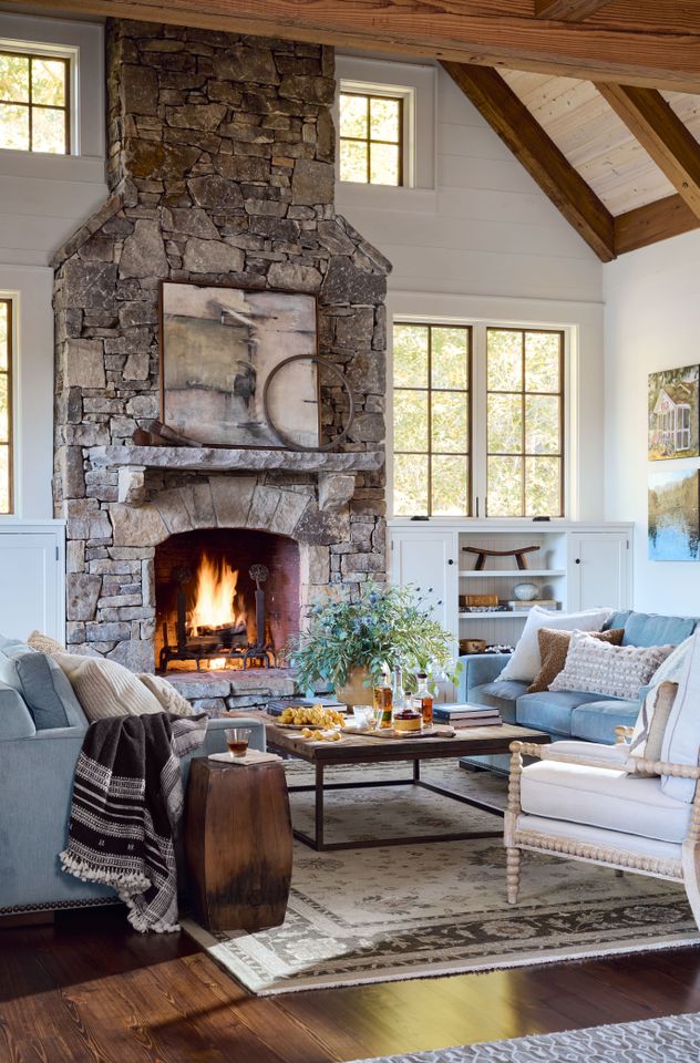 Living room with large fireplace