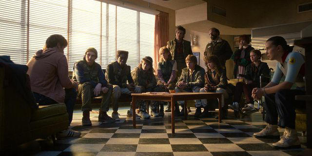 COURTESY OF NETFLIX Noah Schnapp as Will Byers, Finn Wolfhard as Mike Wheeler, Caleb McLaughlin as Lucas Sinclair, Gaten Matarazzo as Dustin Henderson, Maya Hawke as Robin Buckley, Joe Keery as Steve Harrington, Charlie Heaton as Jonathan Byers, Brett Gelman as Murray Bauman, Natalia Dyer as Nancy Wheeler, Amybeth McNulty as Vickie, Sadie Sink, and Millie Bobby Brown as Eleven in 'Stranger Things' season 5.