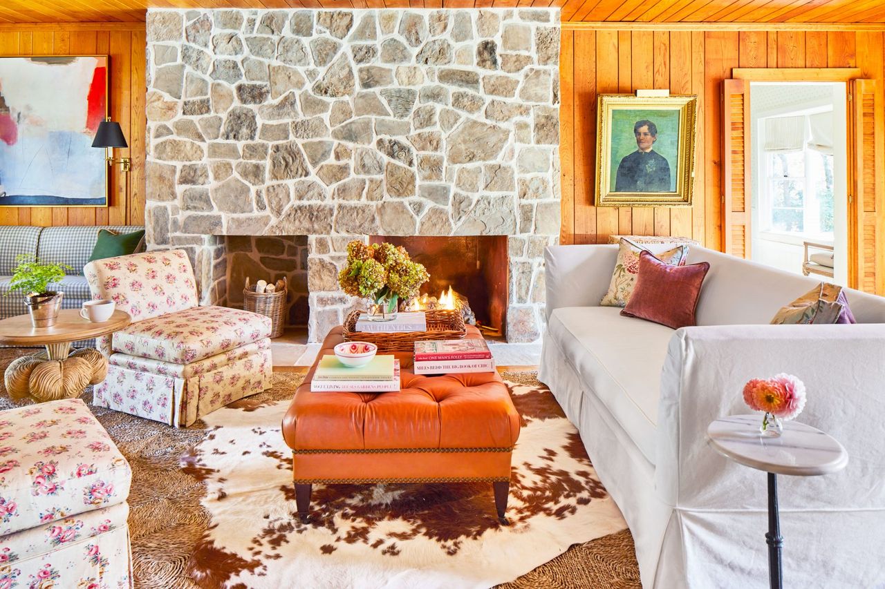 Mountain House Wood Panel Living room with stone fireplace