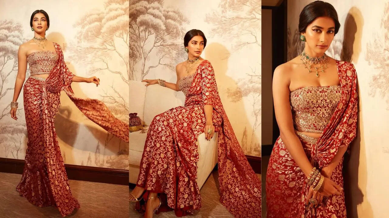 pooja hegde gives anita dongre's banarasi saree a modern corset update