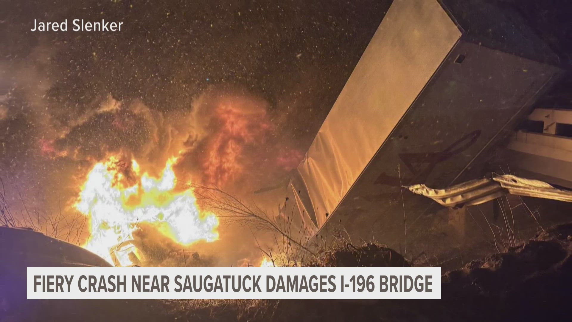 Fiery crash closes I-196 after semi slides off overpass