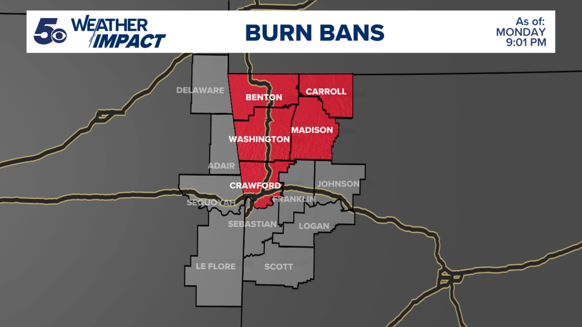 Burn bans issued across Arkansas as dry spell continues