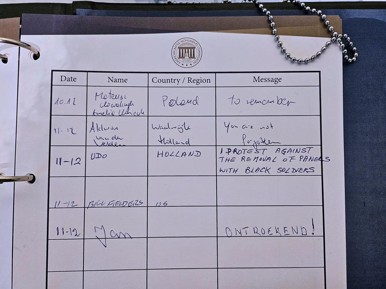 The guestbook at the American Cemetery in the village of Margraten, Netherlands, Thursday, Dec. 11, 2025, shows a message with an objection to the removal of two displays honoring Black soldiers who helped liberate Europe from the Nazis. (AP Photo/Molly Quell) (Copyright 2025 The Associated Press. All rights reserved.)