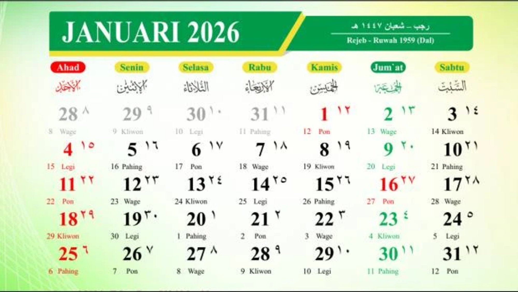 Kalender Jawa 2026 Lengkap dengan Weton, Hijriah, dan Libur Nasional