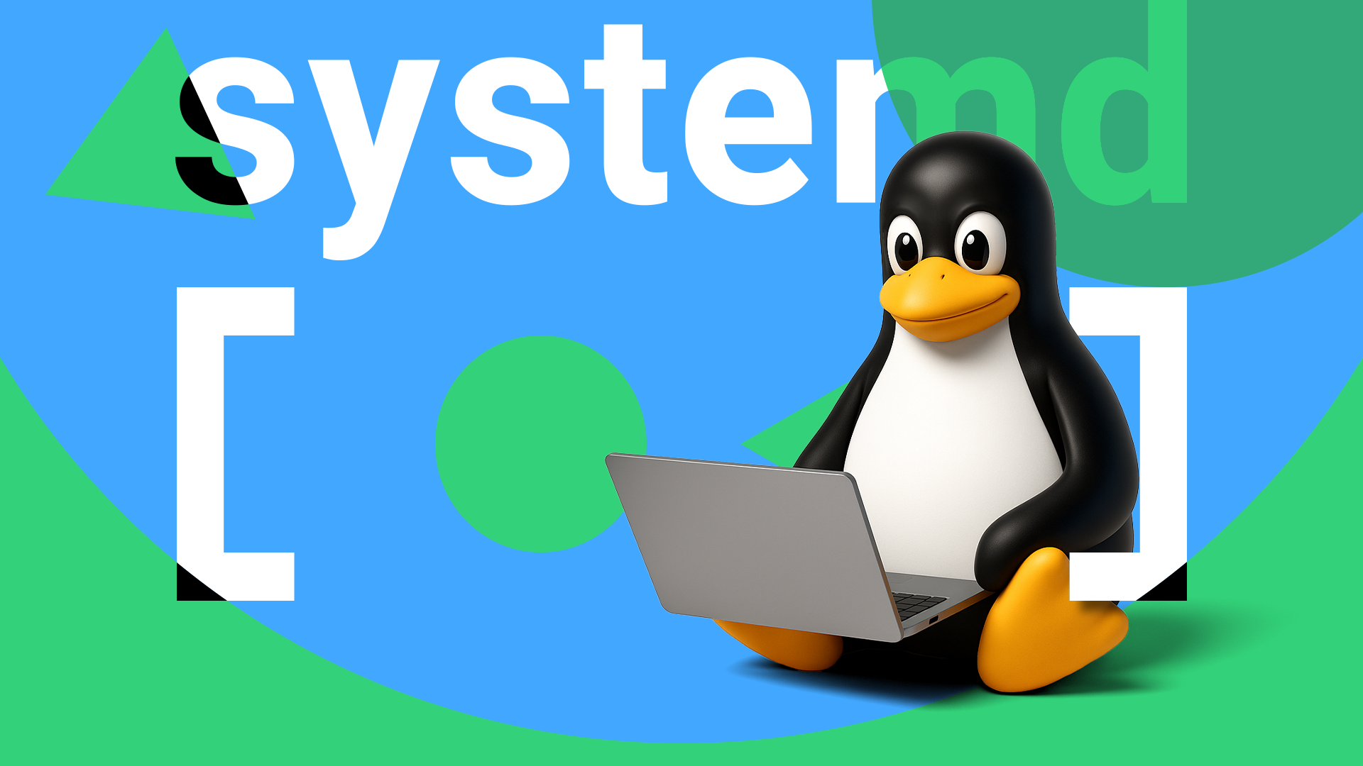 systemd logo and the Linux mascot using a laptop in front.