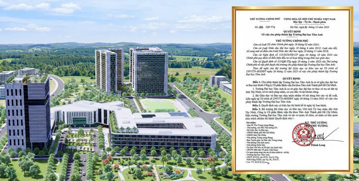 Quyết định thành lập Trường đại học Tâm Anh do Thủ tướng Chính phủ ban hành ngày 30-12-2025 và phối cảnh của trường - Ảnh: Trường đại học Tâm Anh