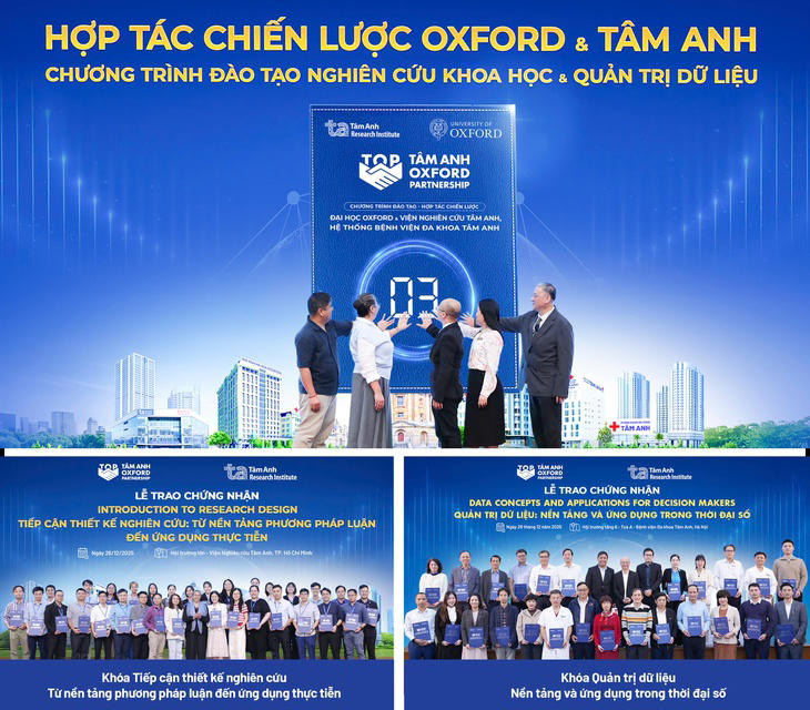Các chuyên gia Oxford - Tâm Anh cùng thực hiện nghi thức khai mạc “Tuần lễ đào tạo chuyên sâu phối hợp giữa Viện Nghiên cứu Tâm Anh & Đại học Oxford” và gần 100 học viên đầu tiên nhận chứng nhận chuẩn Oxford - Tâm Anh về khóa đào tạo Thiết kế nghiên cứu và Quản trị dữ liệu - Ảnh: Viện Nghiên cứu Tâm Anh