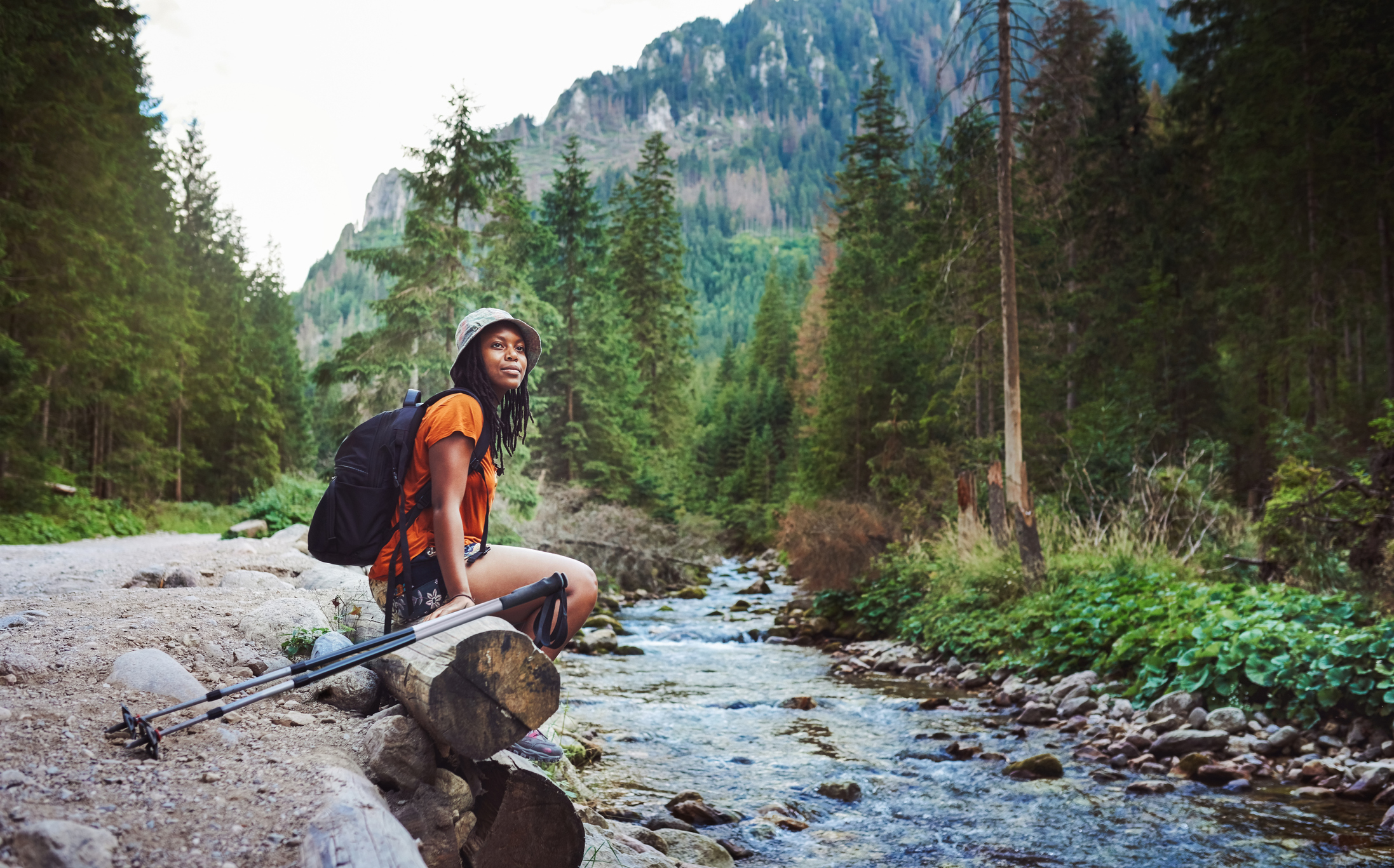 A woman is enjoying nature by herself