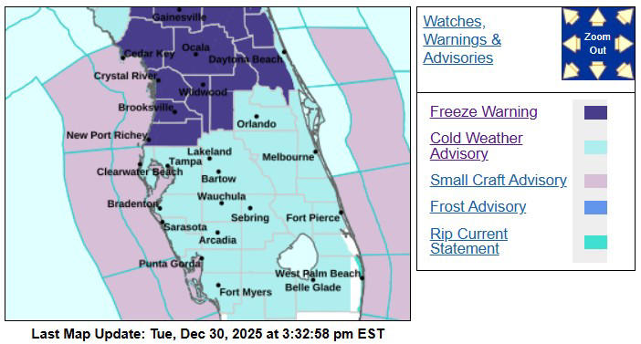 Florida freeze map update as nearly entire state under warning, advisory