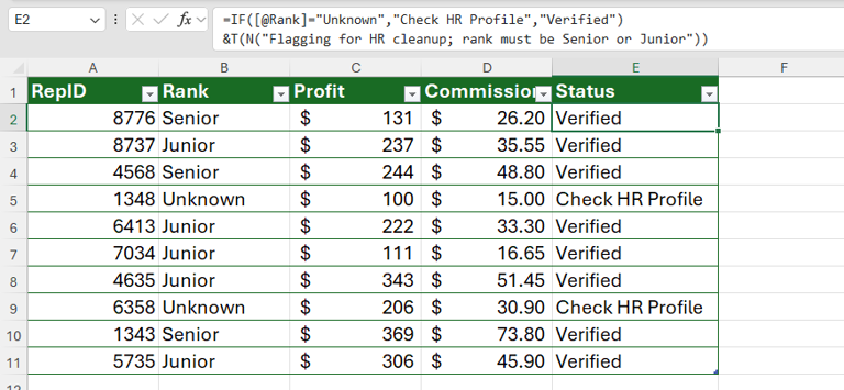 Document formulas in Excel like code with N() function