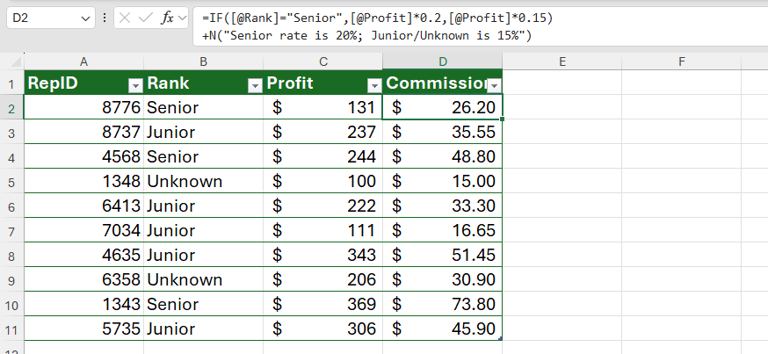 Document formulas in Excel like code with N() function