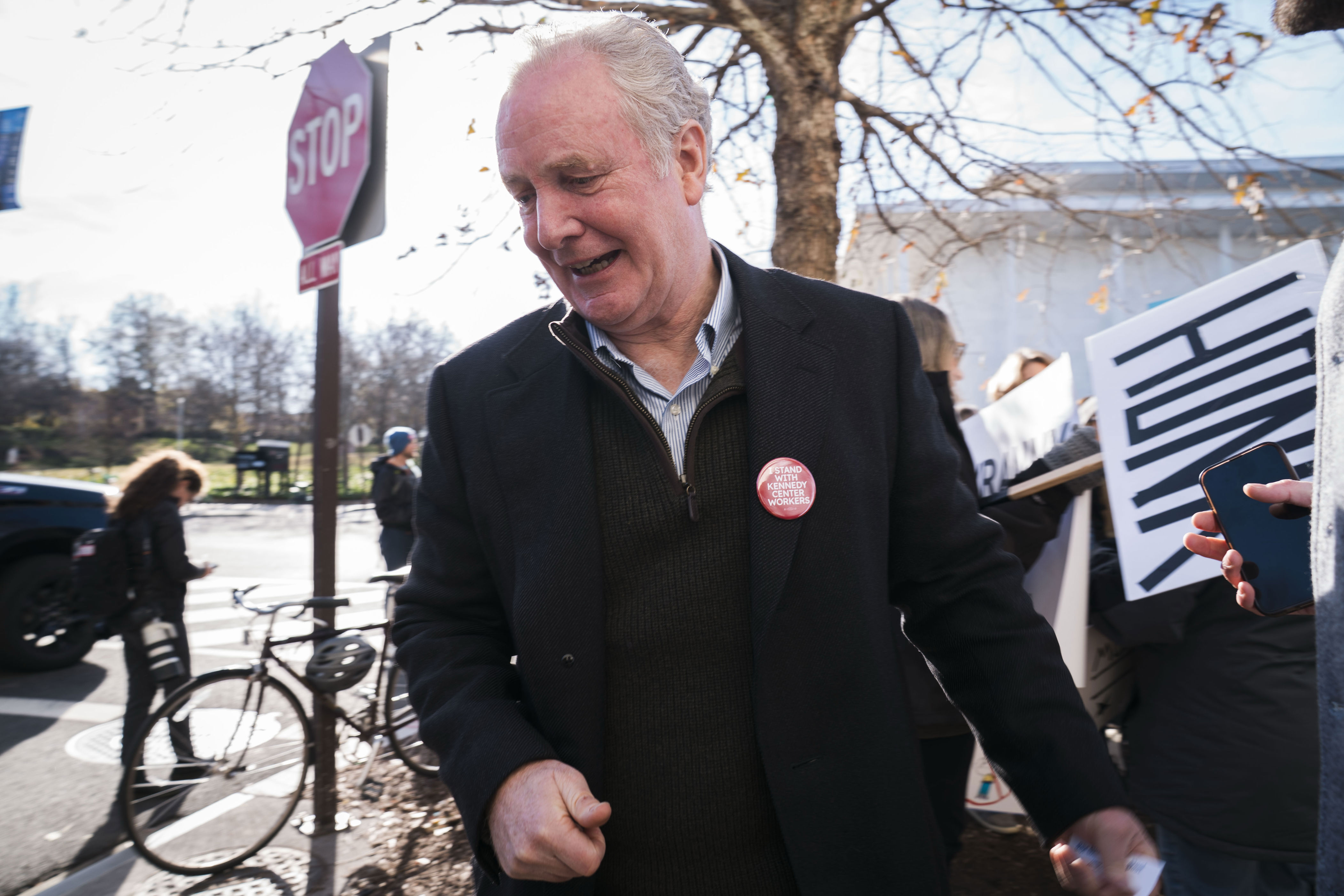 Sen. Chris Van Hollen (D-Maryland) leaves a protest of the Kennedy Center name change in Washington on Dec. 20.