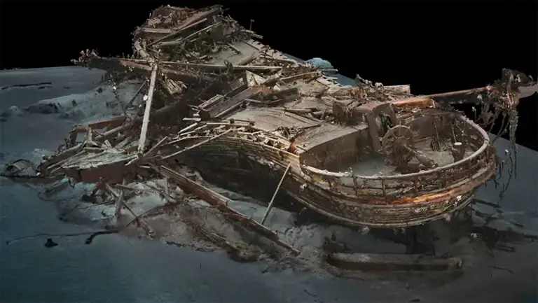 Esta imagem tridimensional mostra o Endurance, tal como foi encontrado no seu local de repouso final, no fundo do Mar de Weddell.